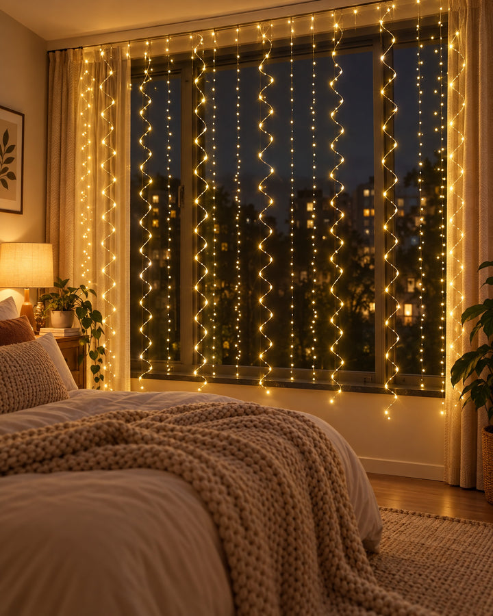 Copper wire curtain lights glowing warm white in front of a bedroom window at night