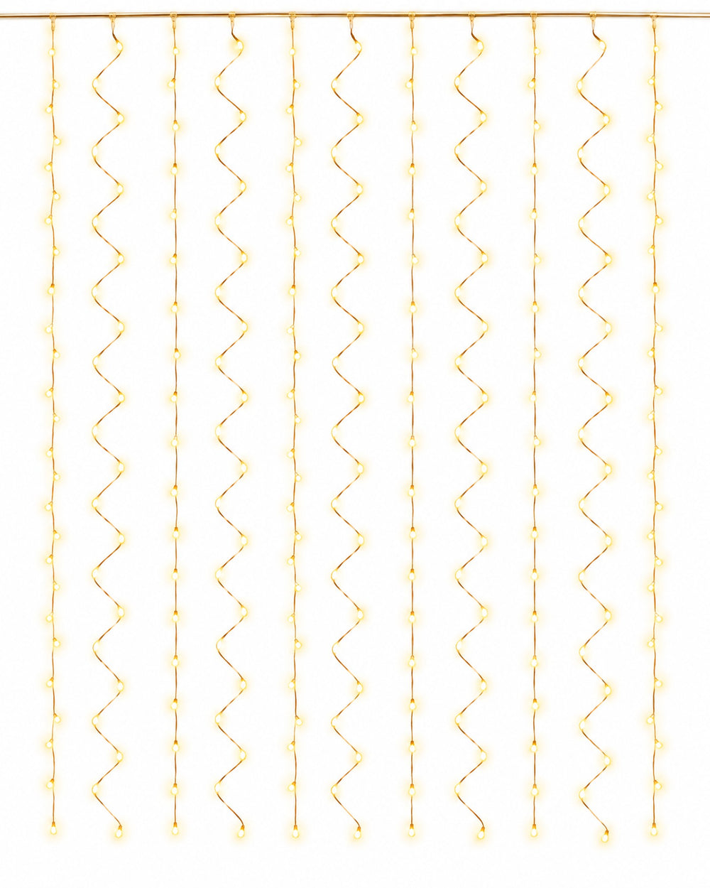 Copper wire curtain lights with strands hanging straight, glowing warm white on a white background
