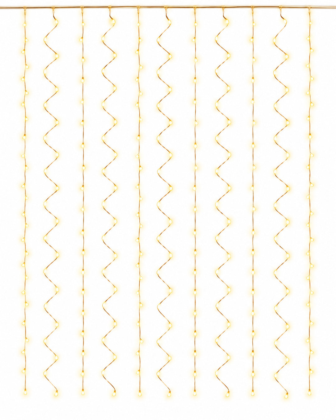 Copper wire curtain lights with strands hanging straight, glowing warm white on a white background