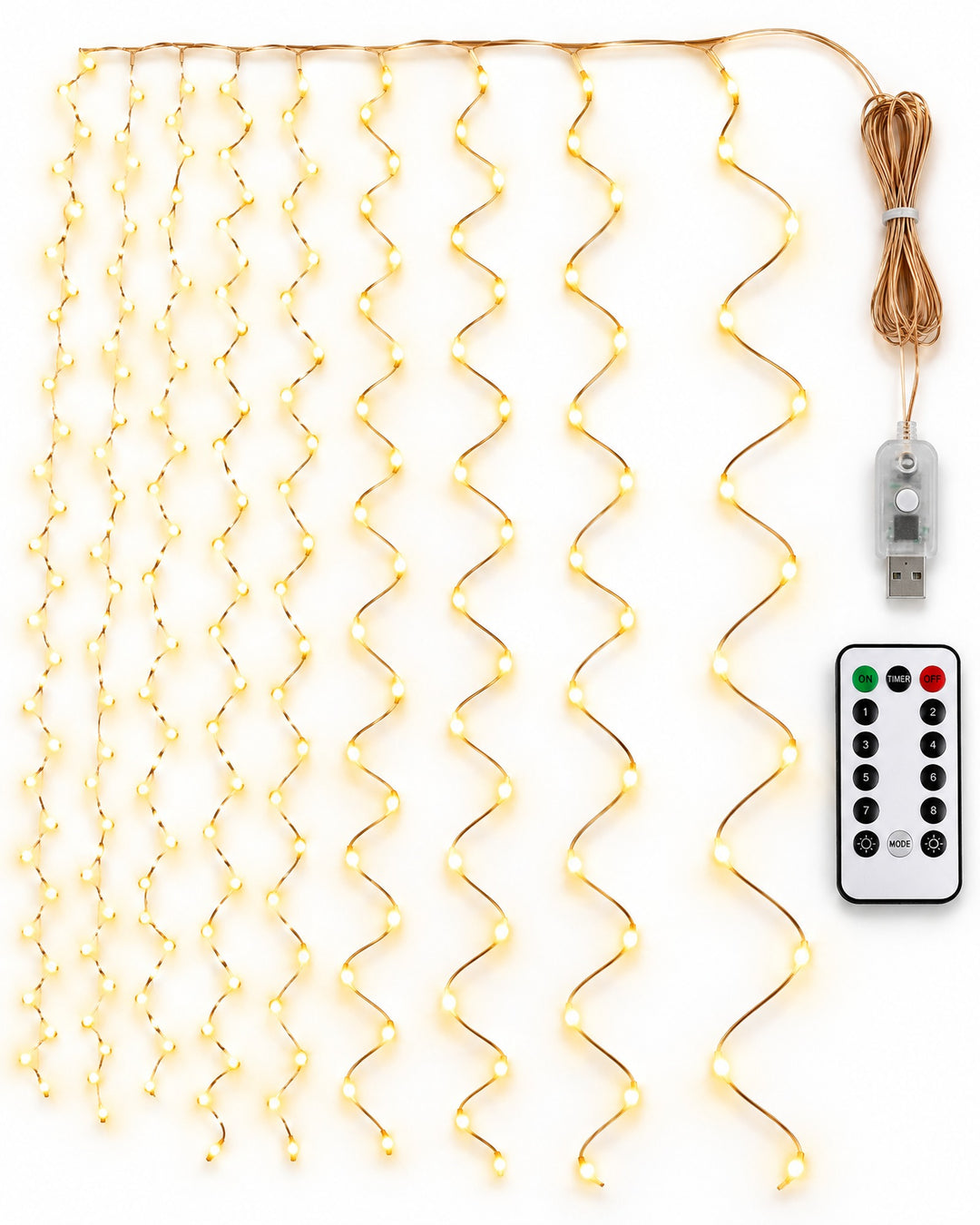 Copper wire curtain lights with the USB plug and the remote control on a white background