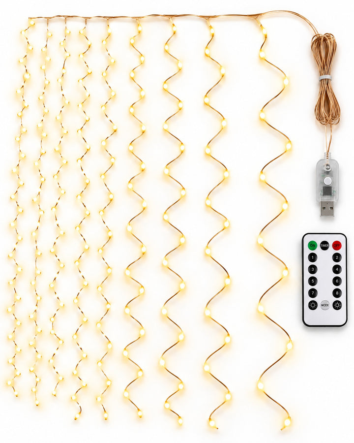 Copper wire curtain lights with the USB plug and the remote control on a white background