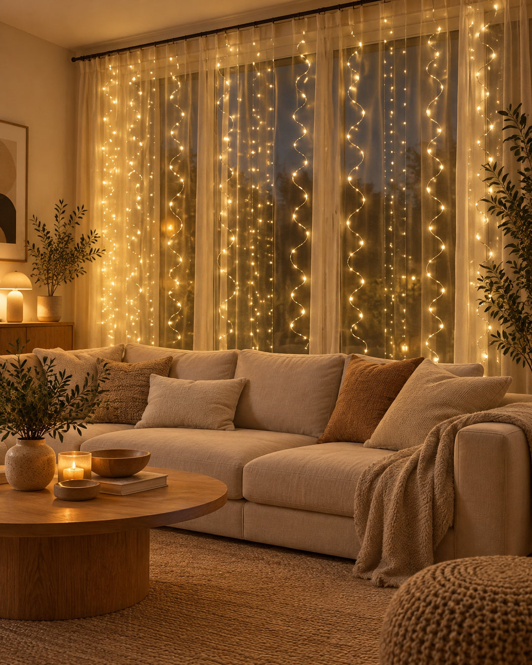 Copper wire curtain lights in front of a sheer curtain on a living room window