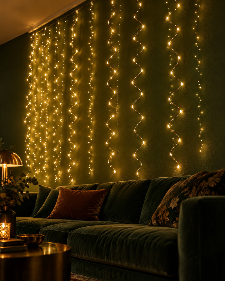 Copper wire curtain lights hanging on a dark green wall behind a velvet sofa