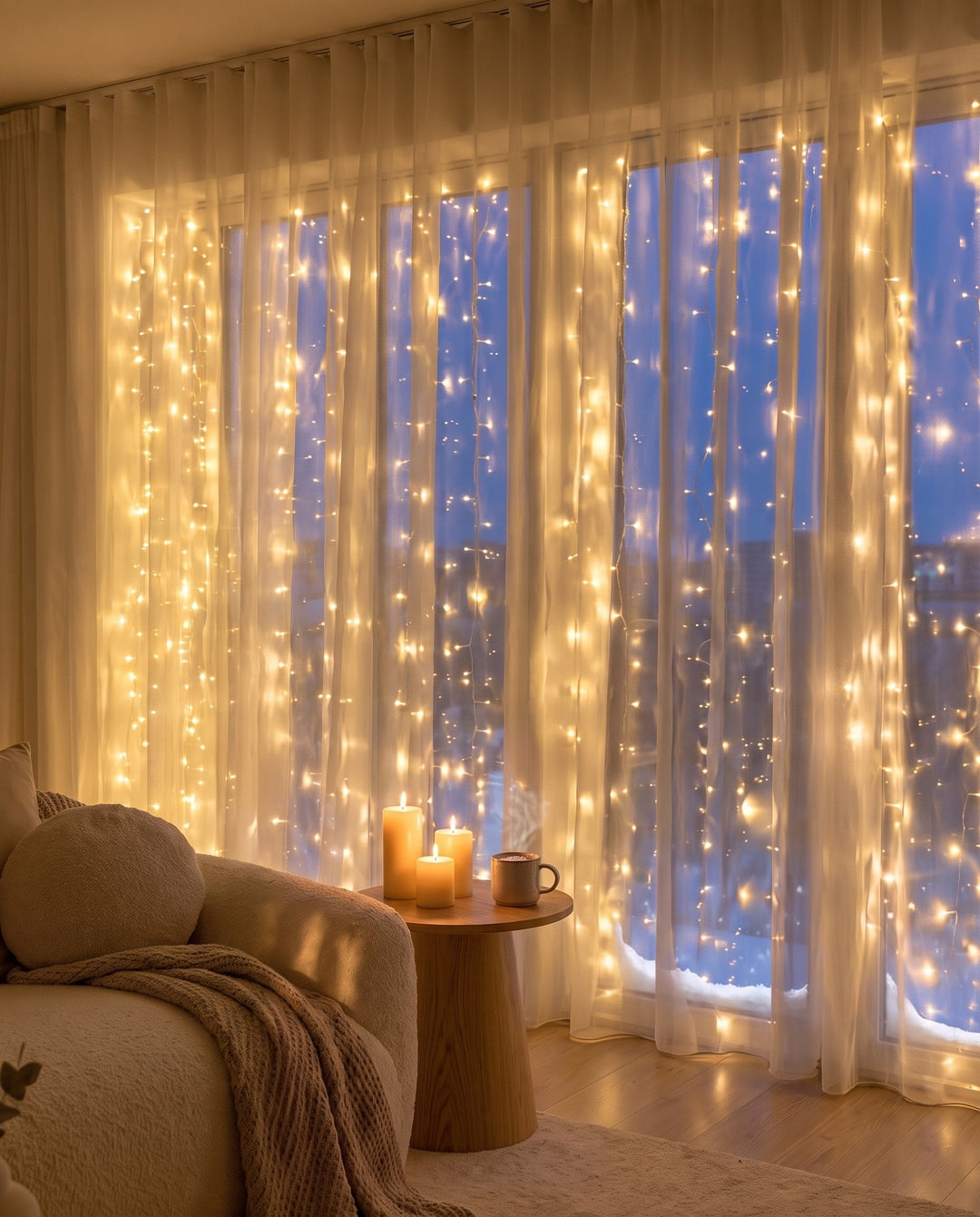 Warm white fairy curtain lights glowing behind sheer curtains at a window on a snowy evening, candles beside an armchair