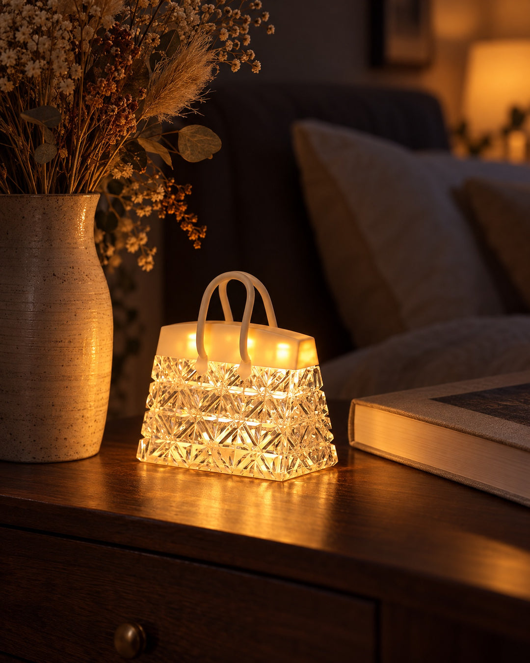 Handbag night light glowing warm amber on a walnut bedside table beside dried flowers