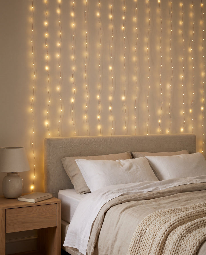 Warm white fairy curtain lights hanging on the wall behind the bed in a cozy bedroom