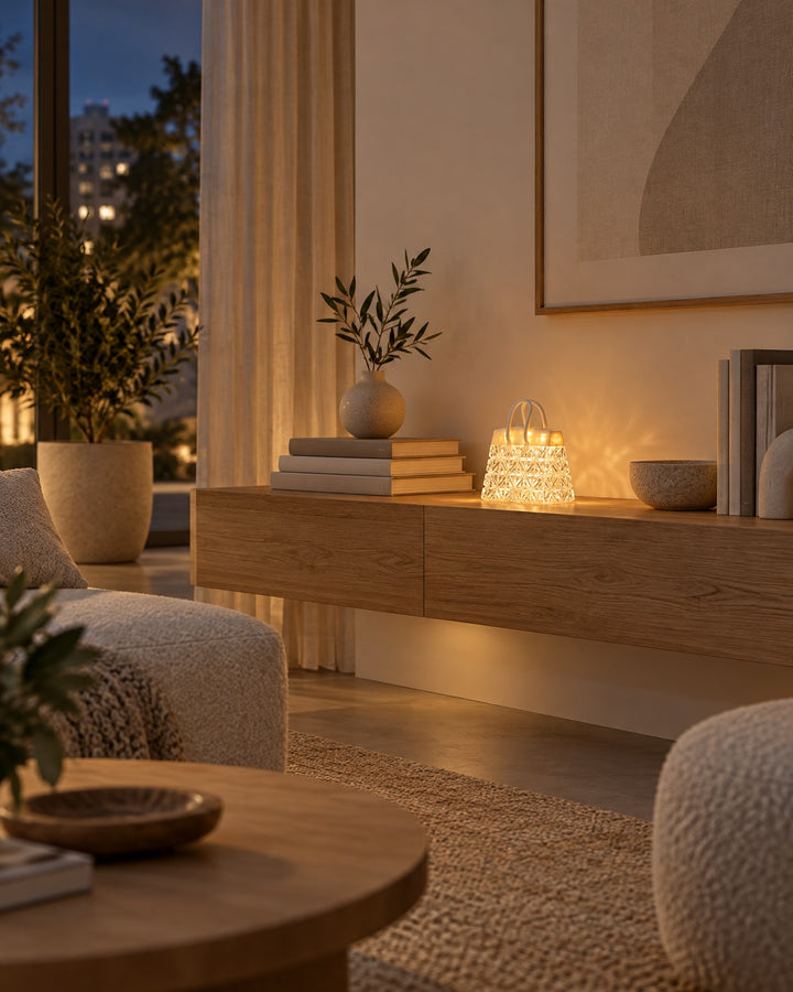 Small handbag night light glowing on a long oak shelf in a living room