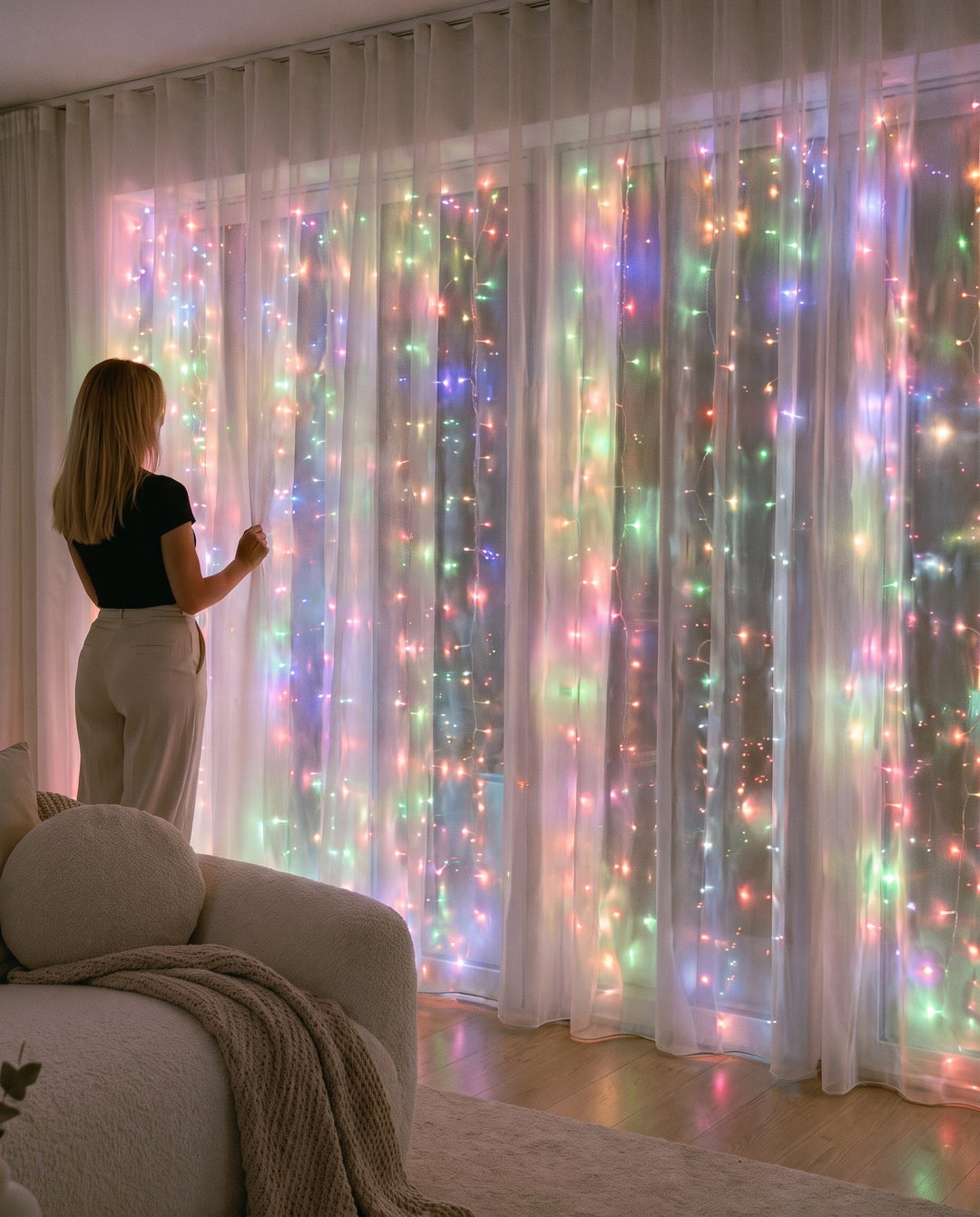 Multicolor LED fairy curtain lights glowing behind sheer curtains at a large window in a living room at night