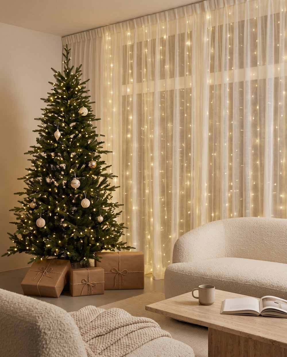 Warm white LED fairy curtain lights behind sheer curtains next to a decorated Christmas tree in a living room