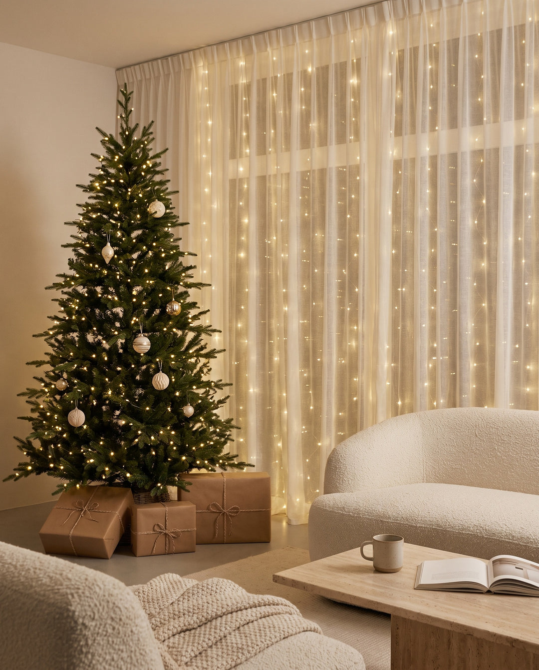 Warm white LED fairy curtain lights behind sheer curtains next to a decorated Christmas tree in a living room