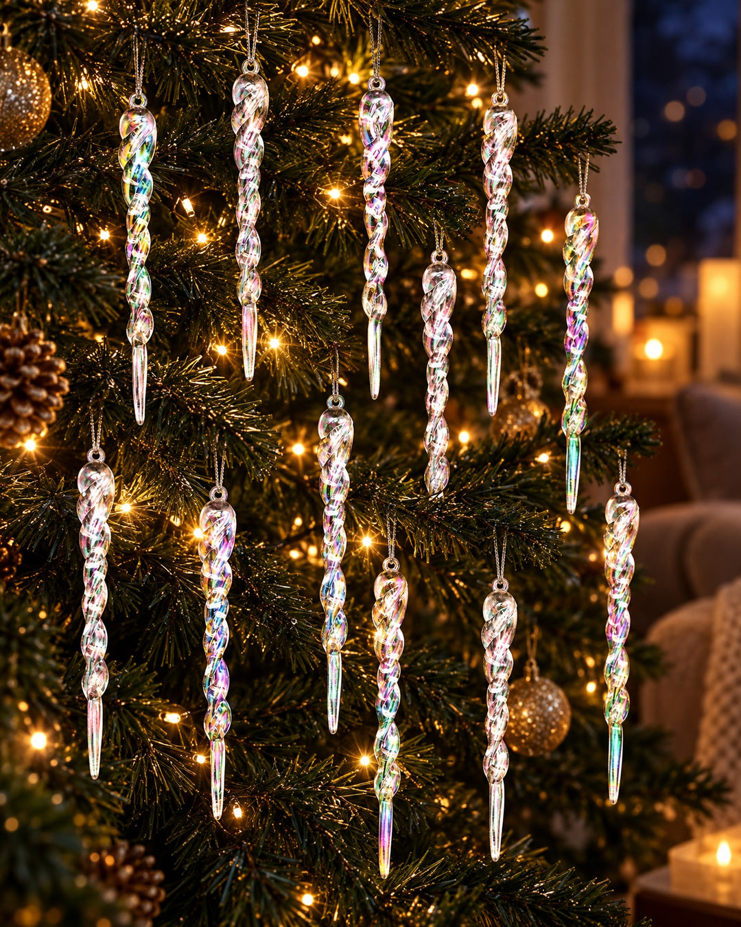 Iridescent twisted icicle ornaments hanging on a lit Christmas tree at night