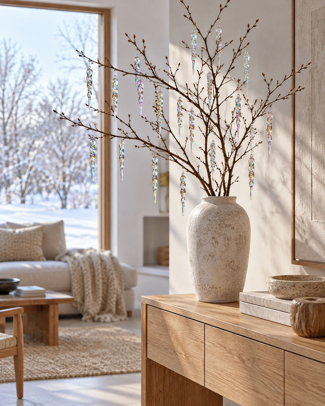 Iridescent icicle ornaments hanging from bare branches in a vase in a bright room