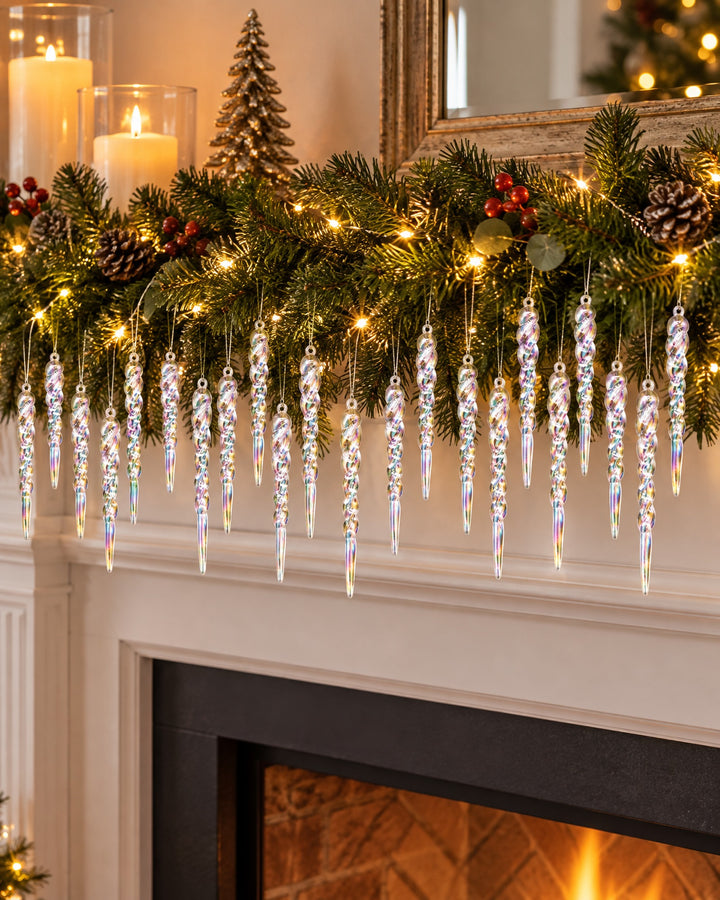 Two sets of iridescent icicle ornaments hanging from a garland on a mantel