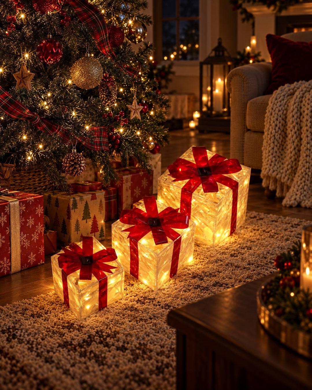 Three illuminated gift boxes with red bows glowing at the foot of a Christmas tree