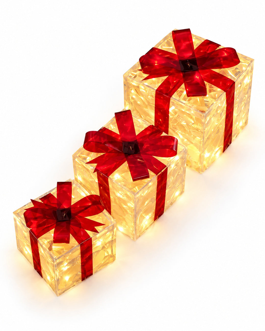 Illuminated gift boxes with red bows seen from above