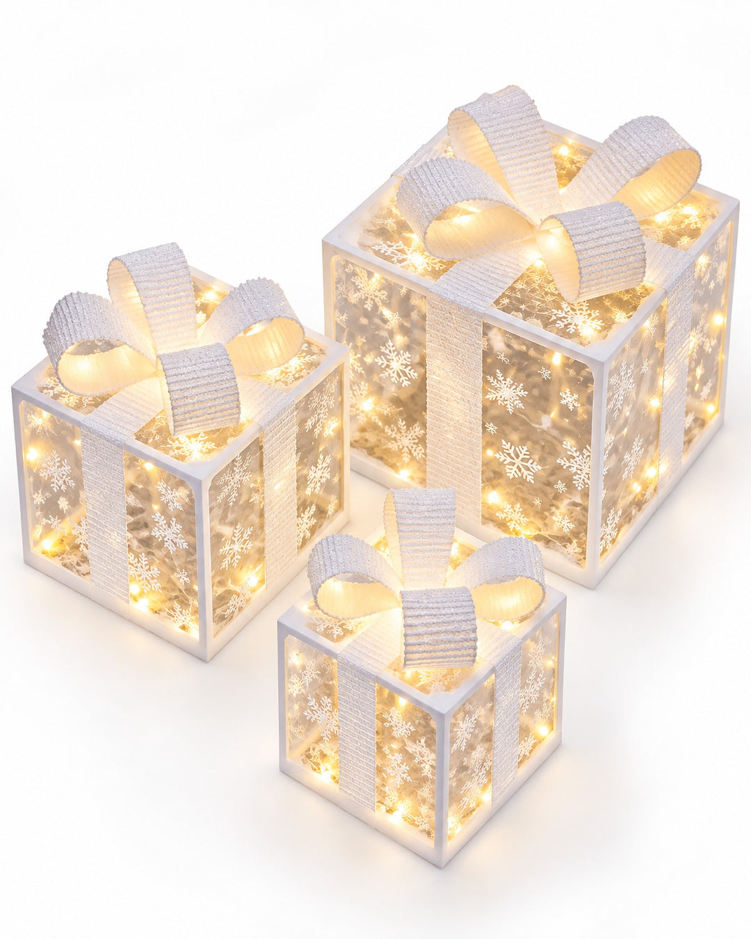White snowflake gift boxes glowing, seen from above