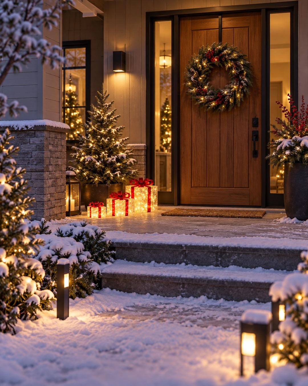 Three illuminated gift boxes with red bows on a snowy front porch at dusk