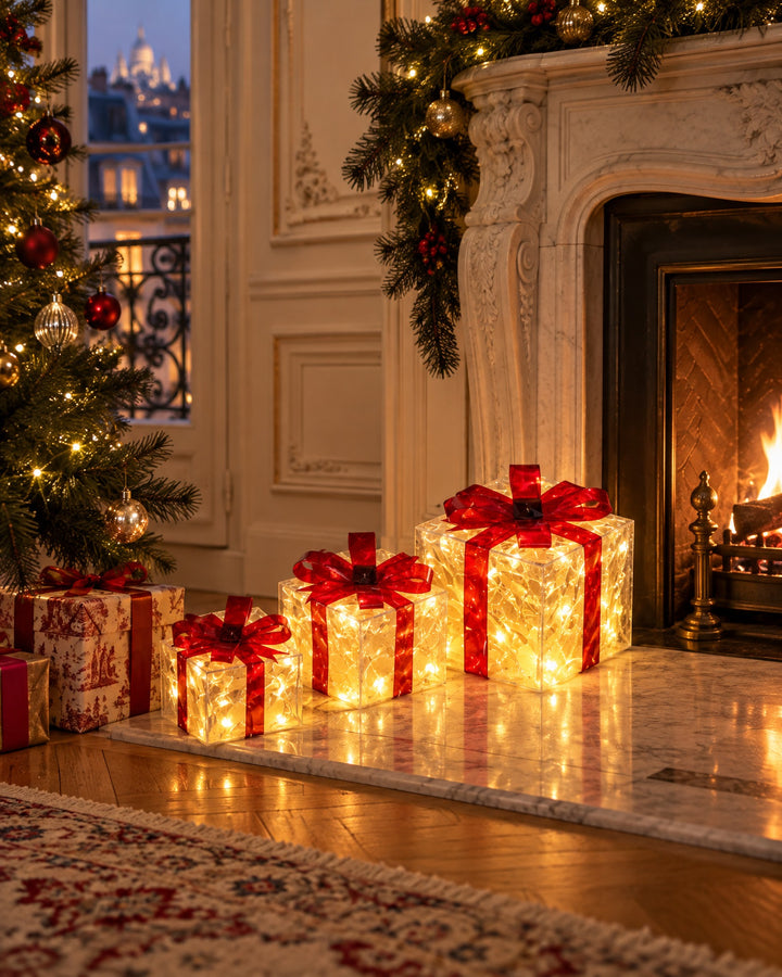 Illuminated gift boxes with red bows on the hearth of a marble fireplace