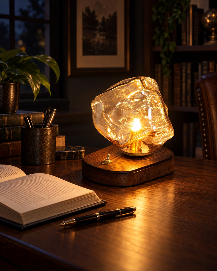 Ice rock glass table lamp with amber glass glowing on a walnut desk beside an open book