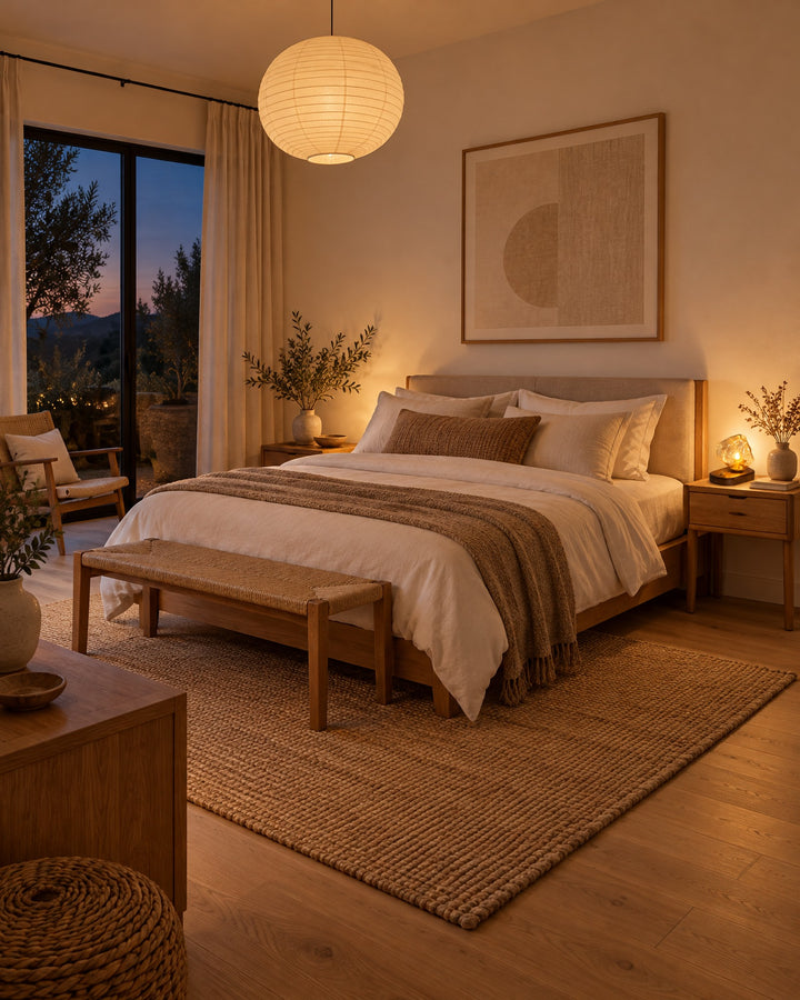 Ice rock glass lamp glowing on an oak bedside table in a bright bedroom