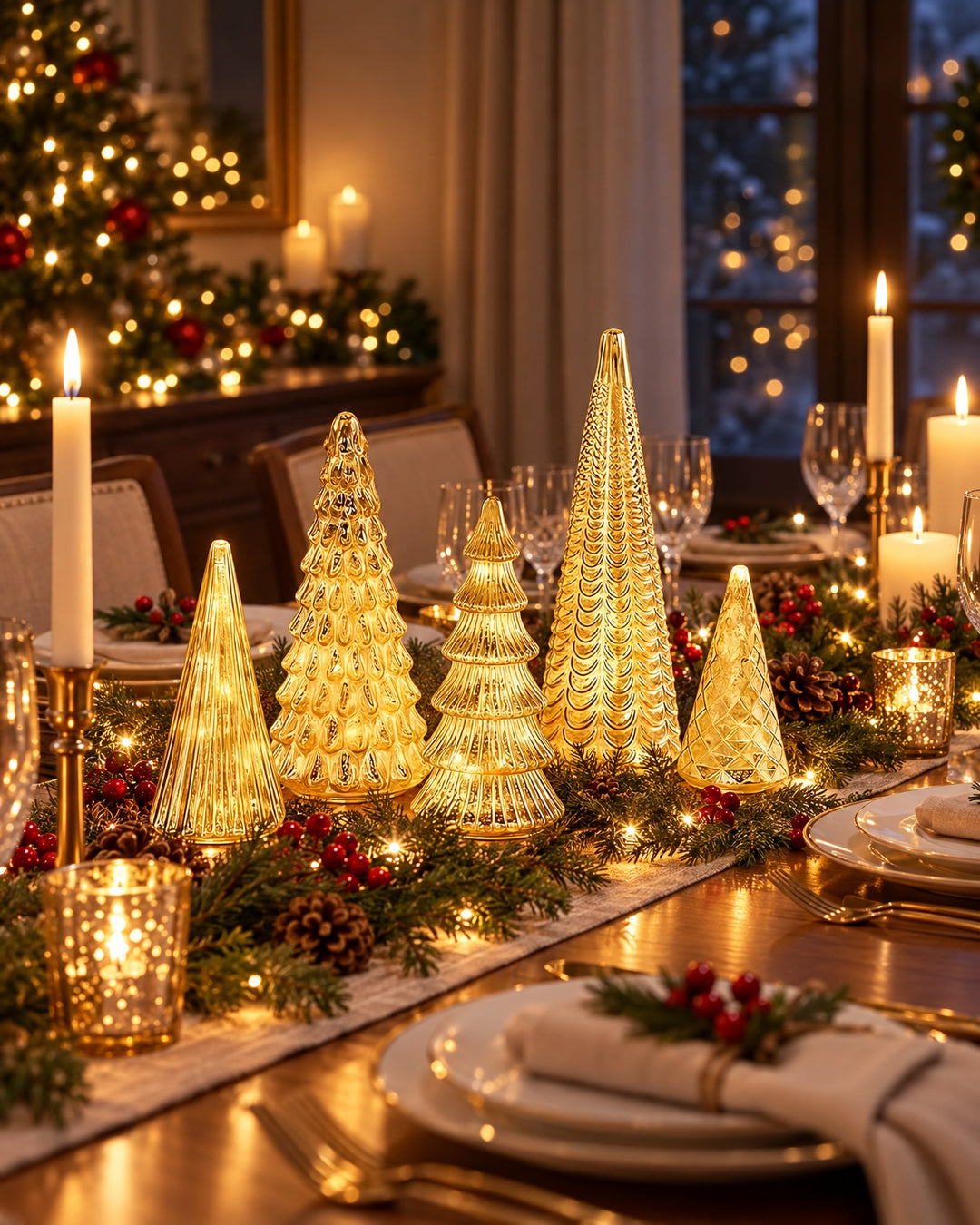 Five gold mercury glass Christmas trees glowing on a dining table set for Christmas dinner with candles