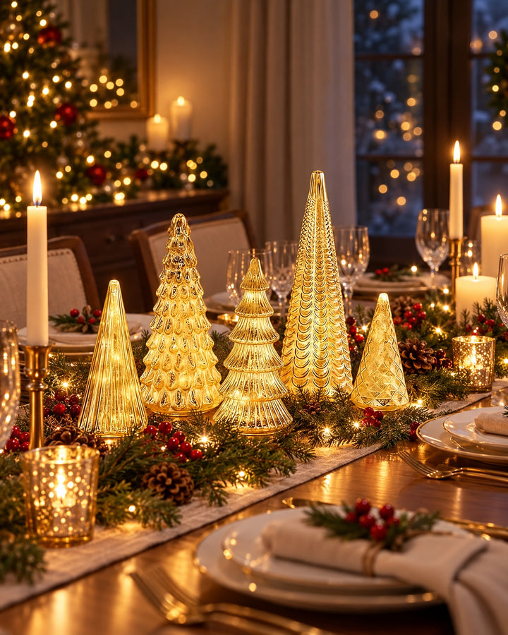 Five gold mercury glass Christmas trees glowing on a dining table set for Christmas dinner with candles