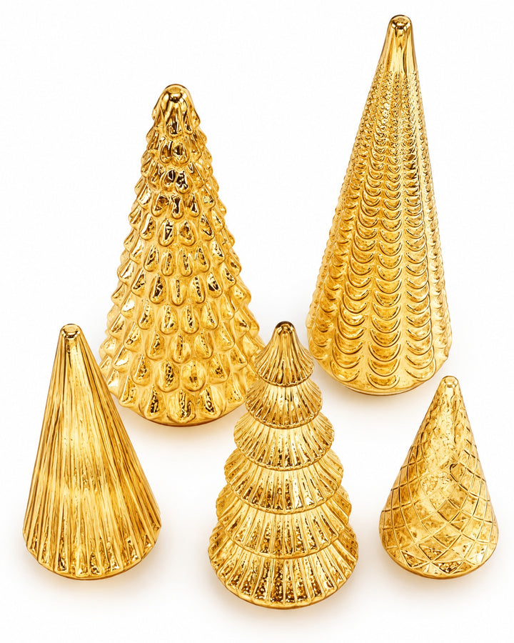 Five gold mercury glass trees seen from above on a white background