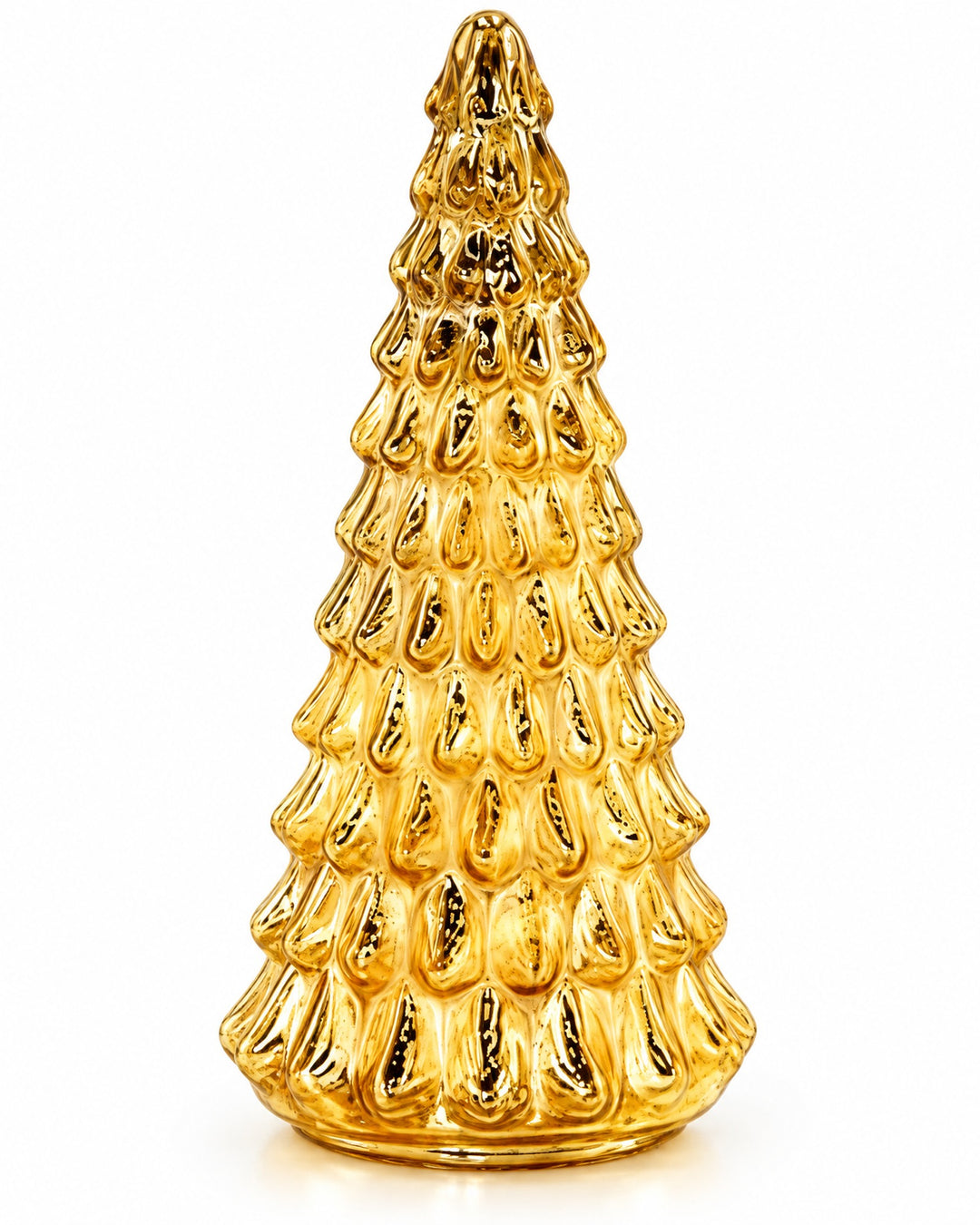 Close-up of the ridged gold mercury glass finish of one tree