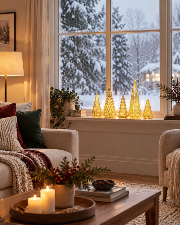 Five glowing glass trees lined up on a windowsill with snow falling outside
