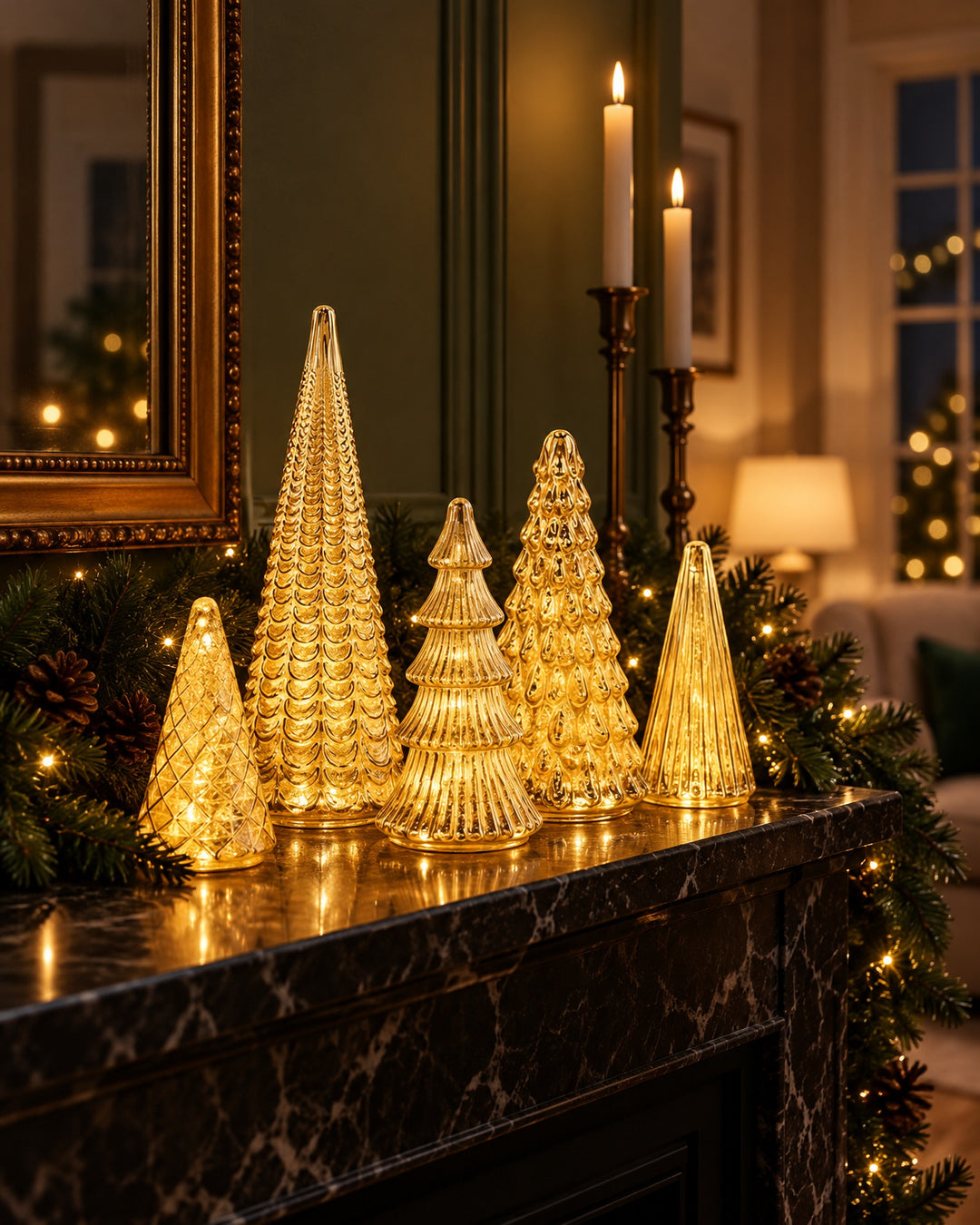 Five lit mercury glass trees on a dark marble mantelpiece with a green garland