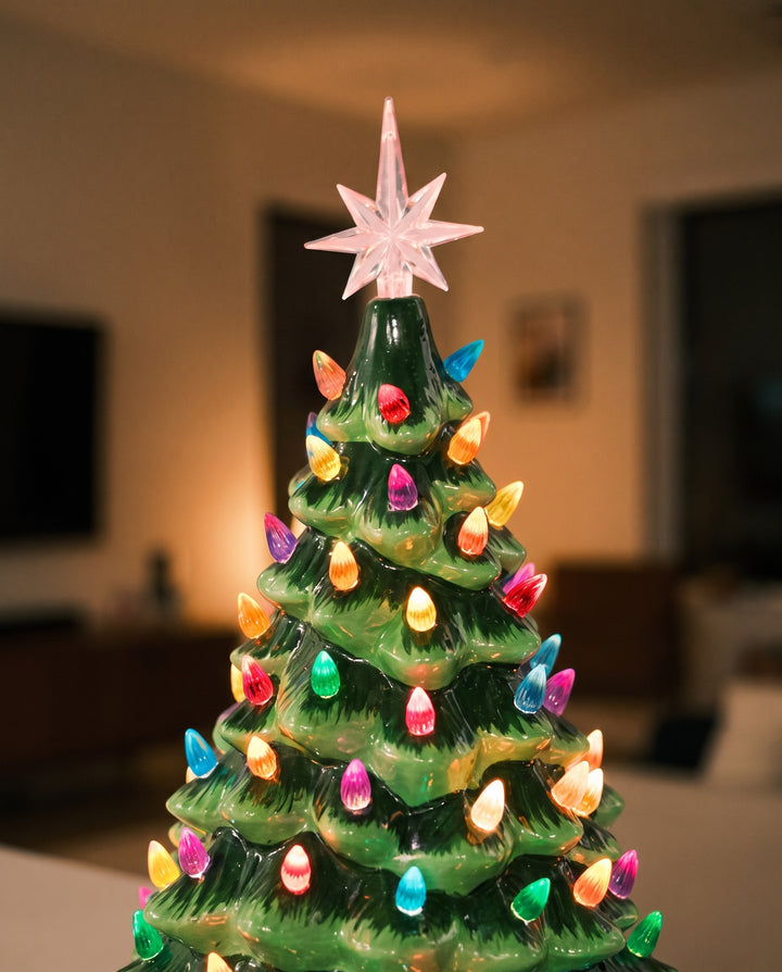Close-up of the glossy glazed ceramic tiers, small coloured bulbs and pink star