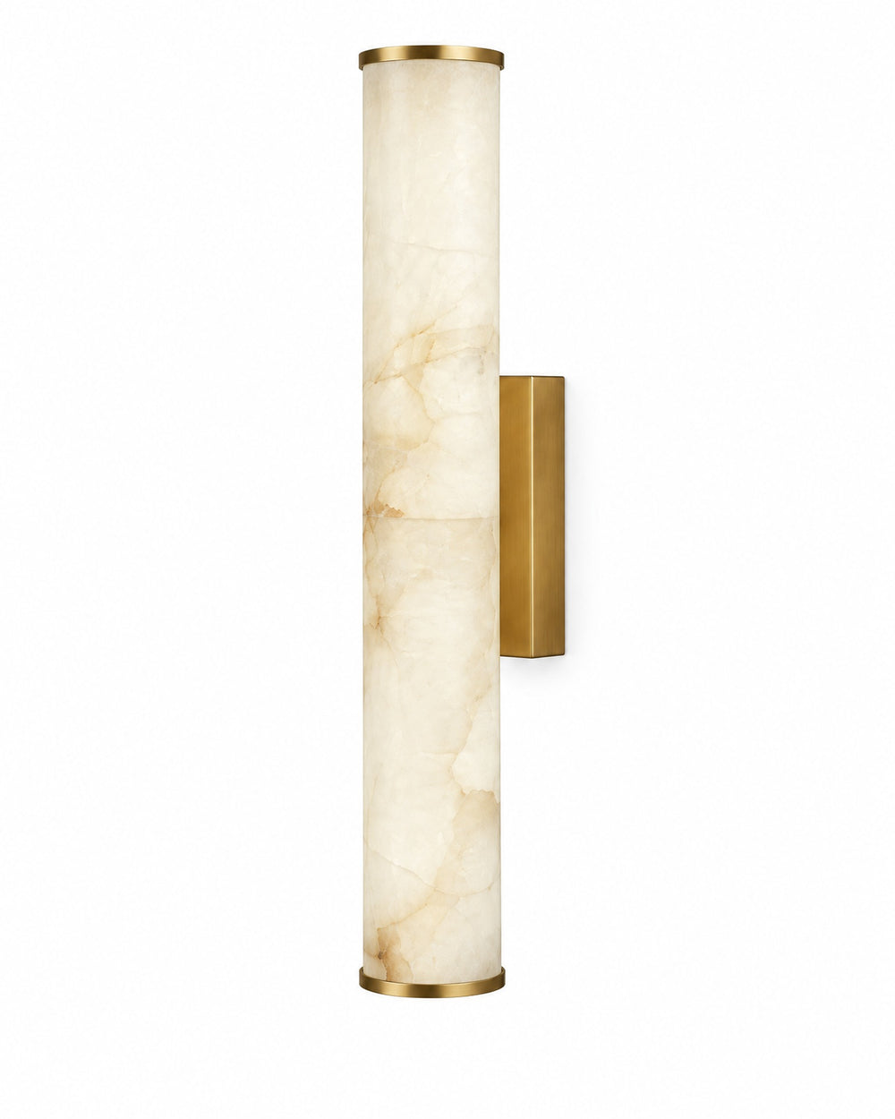 Calla tube wall light in white marble-look with a brass bracket on a white background