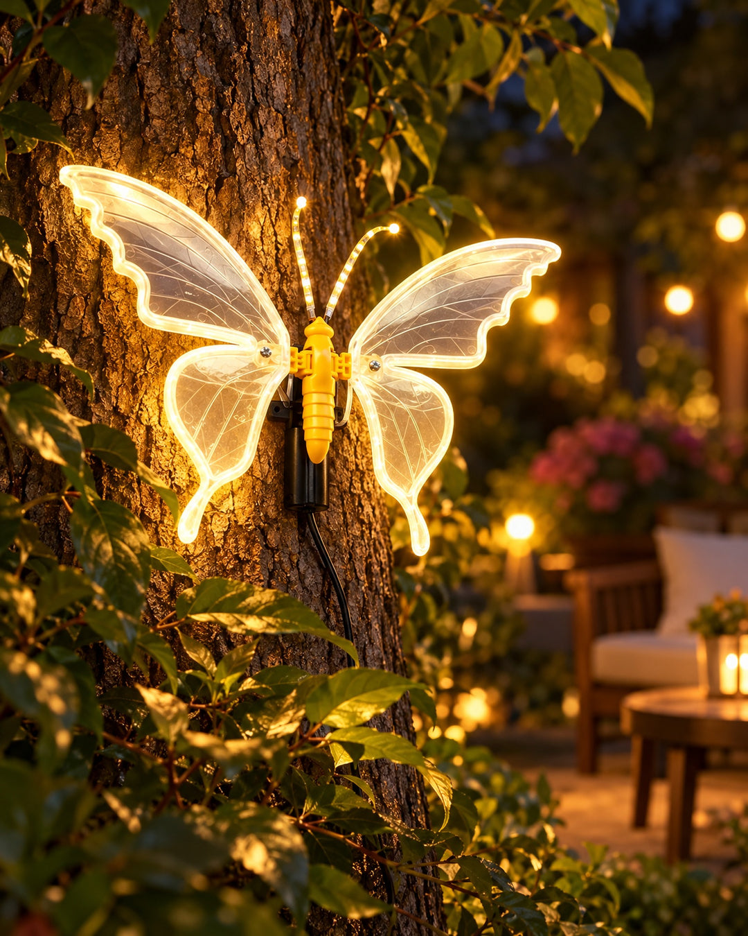 LED butterfly lamp glowing warm white on a tree trunk in a garden at night