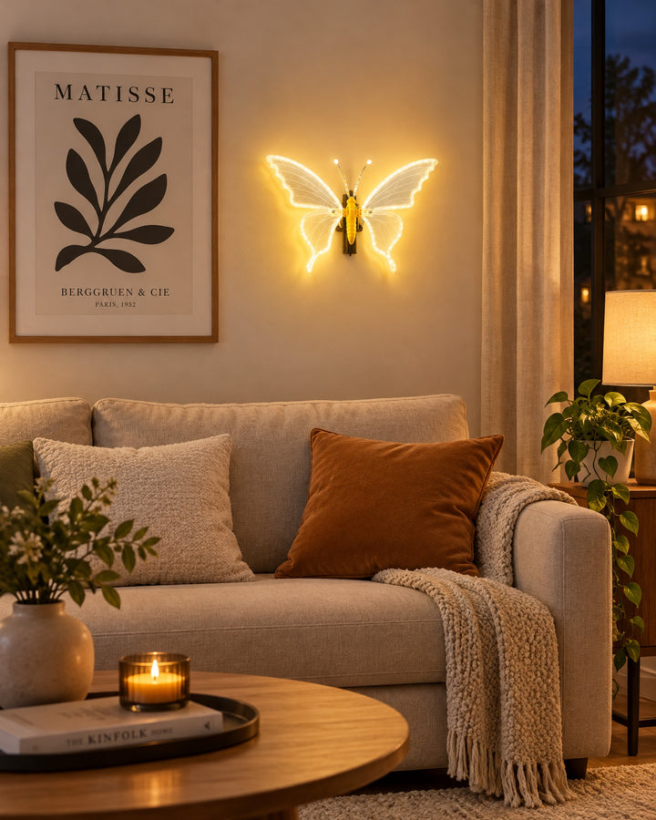 Glowing LED butterfly on a living room wall above a sofa next to a framed print