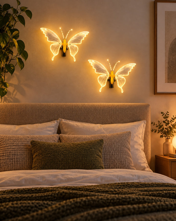 Two glowing LED butterflies on the wall above a bed headboard