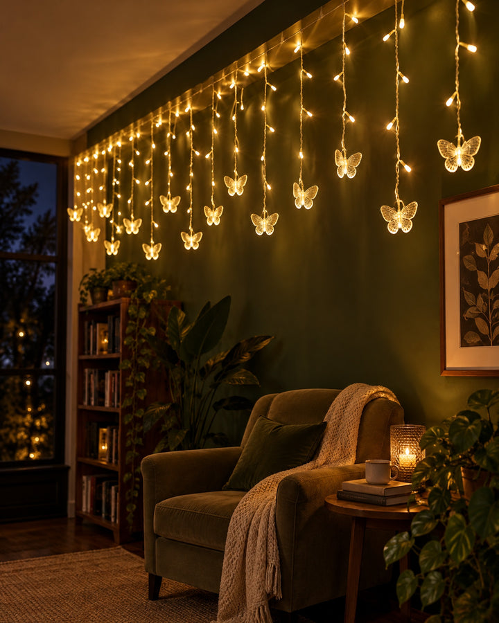 Butterfly curtain lights glowing warm white from the ceiling of a reading nook with a dark green wall