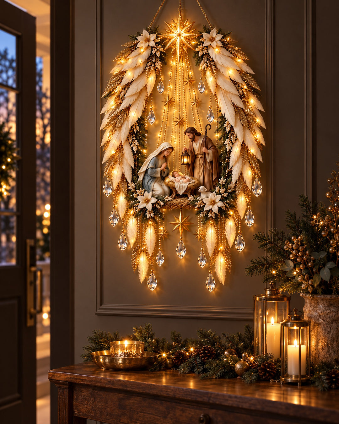 Lighted angel wings nativity wall decor glowing warm gold on a dark wall above a console with lanterns