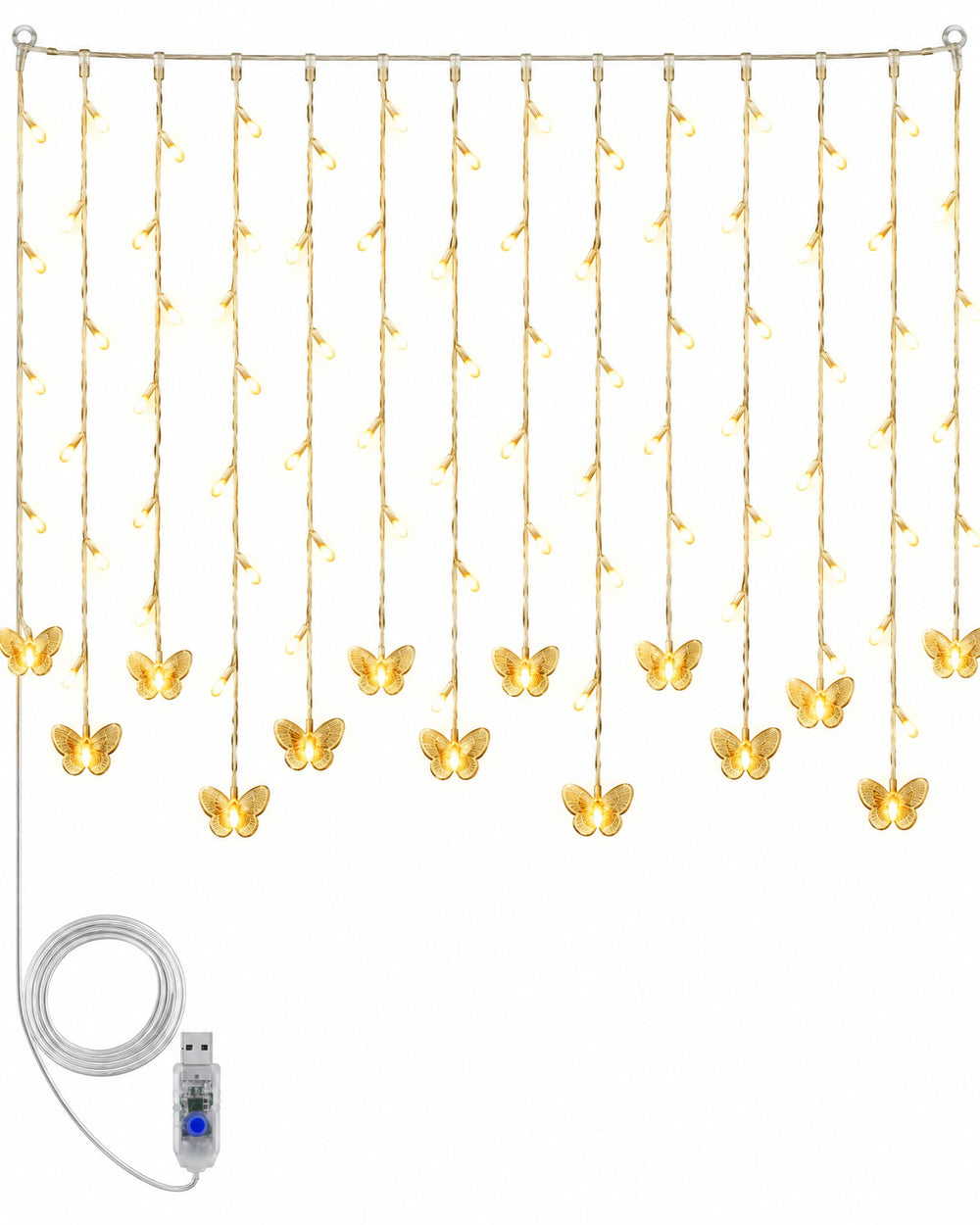 Warm white butterfly curtain lights with their USB cable, hanging on a white background