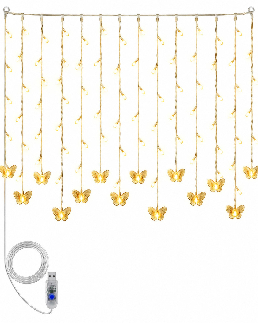 Warm white butterfly curtain lights with their USB cable, hanging on a white background