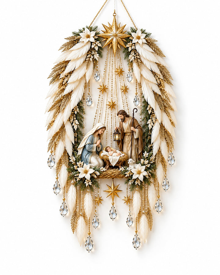 Angel wings nativity wall decor with cream feathers, gold star and hanging crystal drops, three-quarter view on a white background