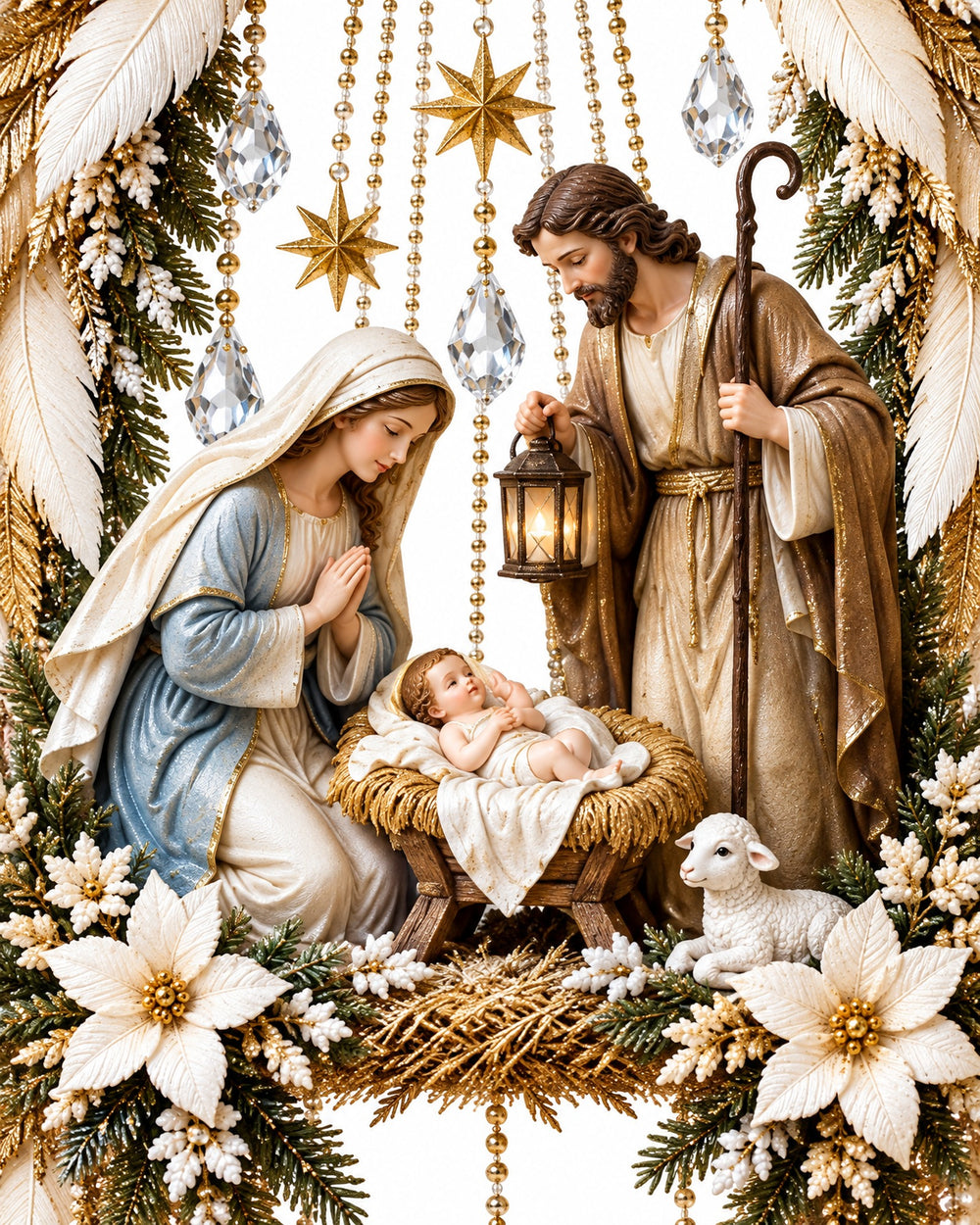 Close-up of the nativity scene at the heart of the wall decor, with Mary, Joseph, the baby, a lamb and white poinsettias