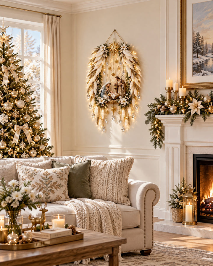 Lighted angel wings nativity decor hanging on a cream wall of a bright living room beside a Christmas tree