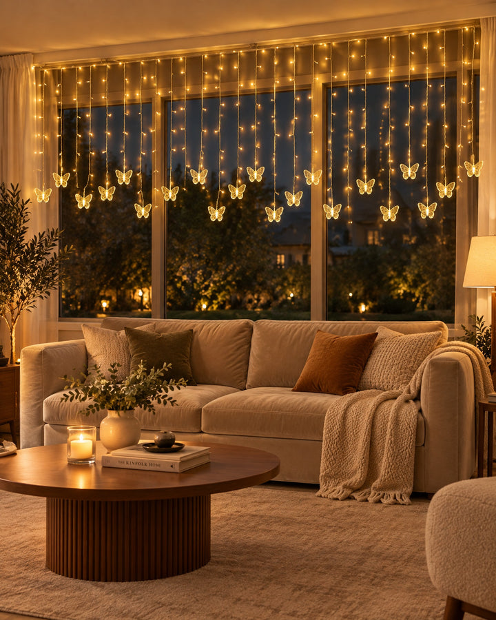 Butterfly curtain lights across a large living room window behind a sofa