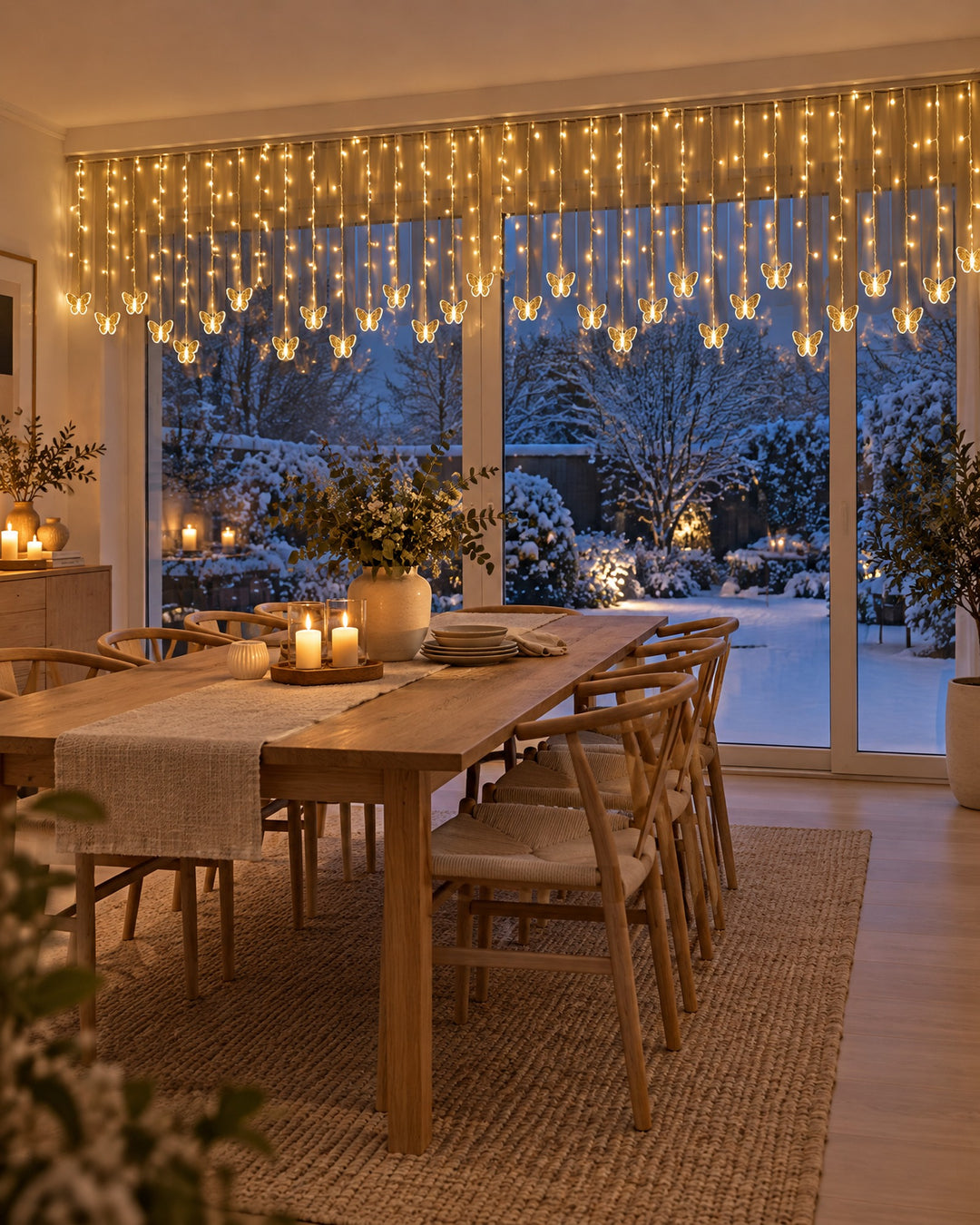 Two butterfly curtain lights hanging across wide glass doors in a dining room