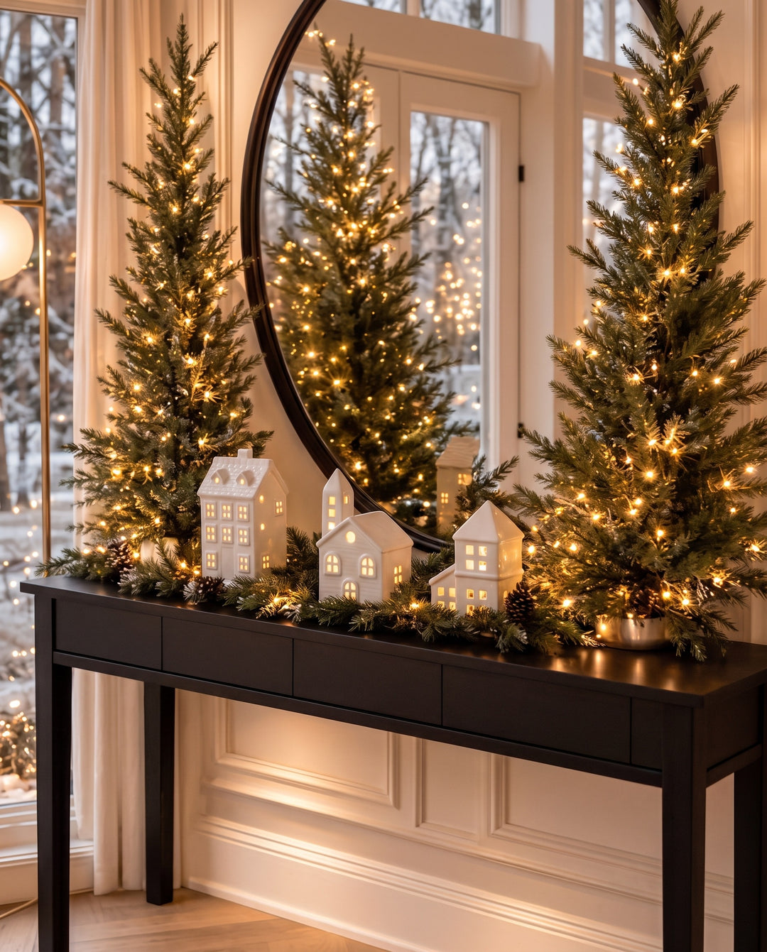 Lit white ceramic houses on a black console with a round mirror and small lit trees