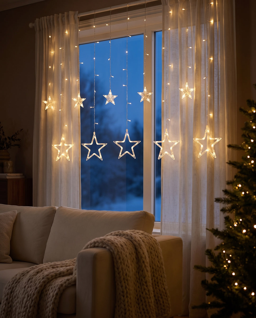 Warm white star curtain lights in a living room window at dusk