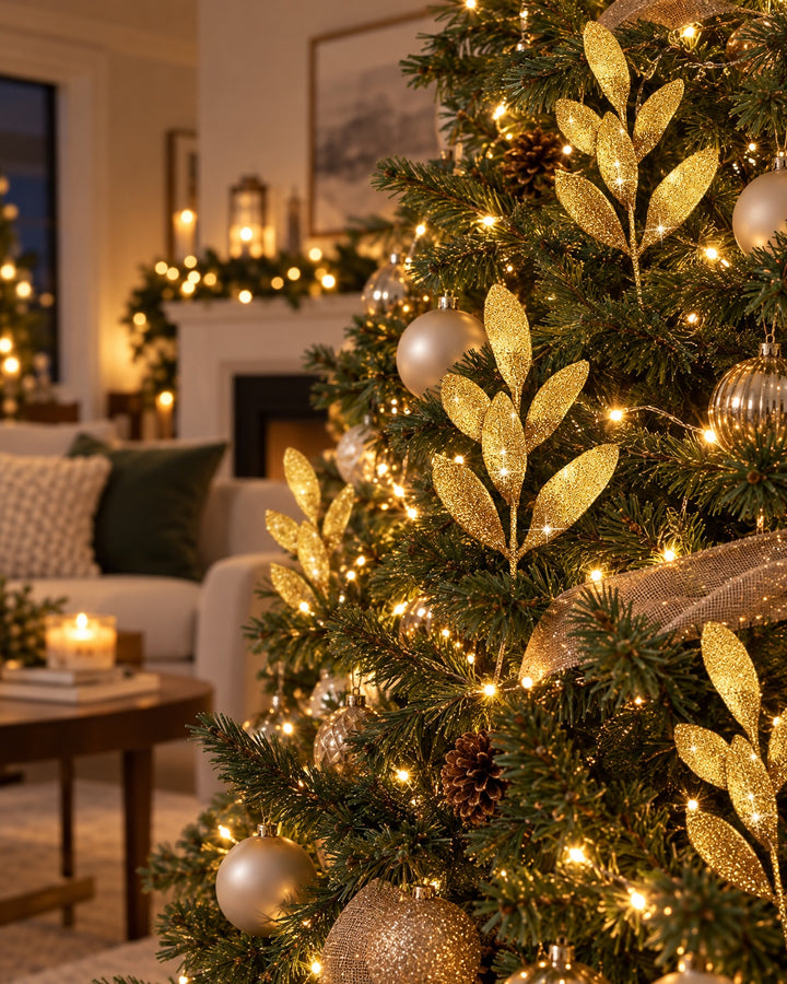 Gold glitter leaf picks tucked into a lit Christmas tree in a living room