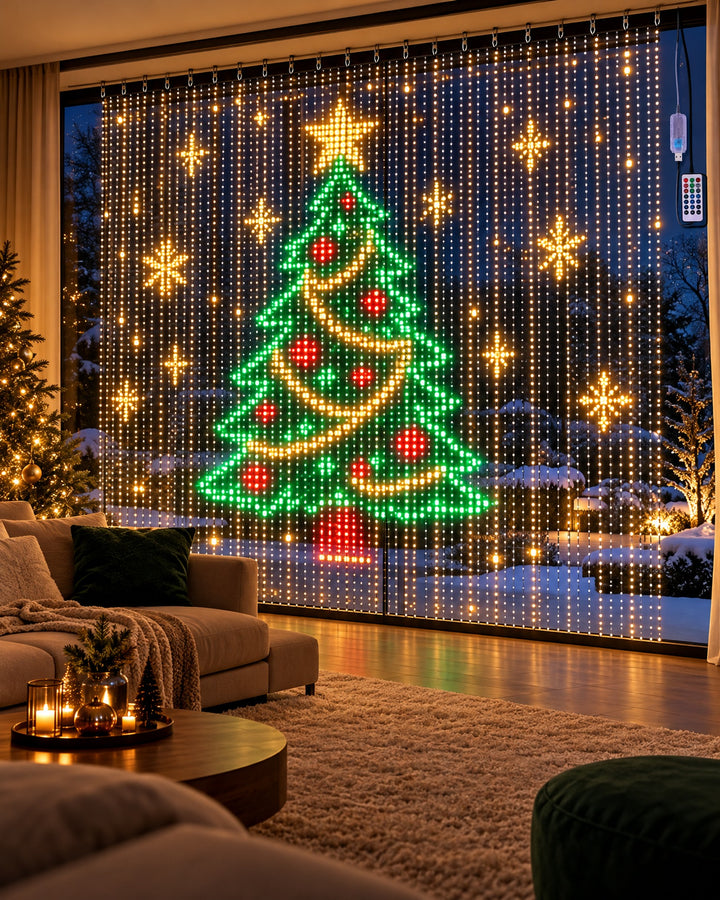 LED pixel curtain light across a large living room window at night showing a glowing Christmas tree and stars