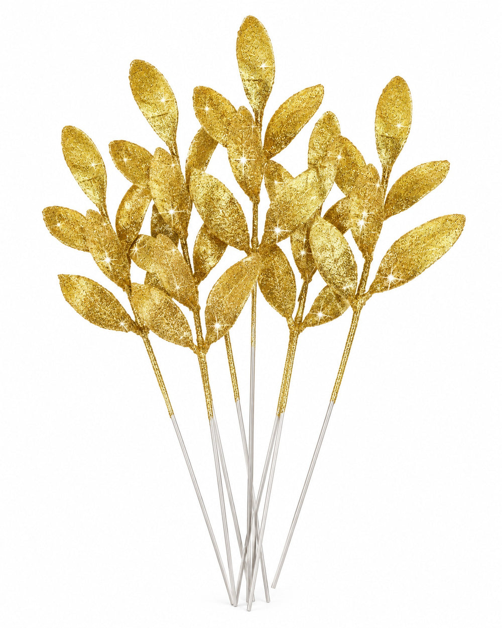 Bunch of gold glitter leaf picks on a white background