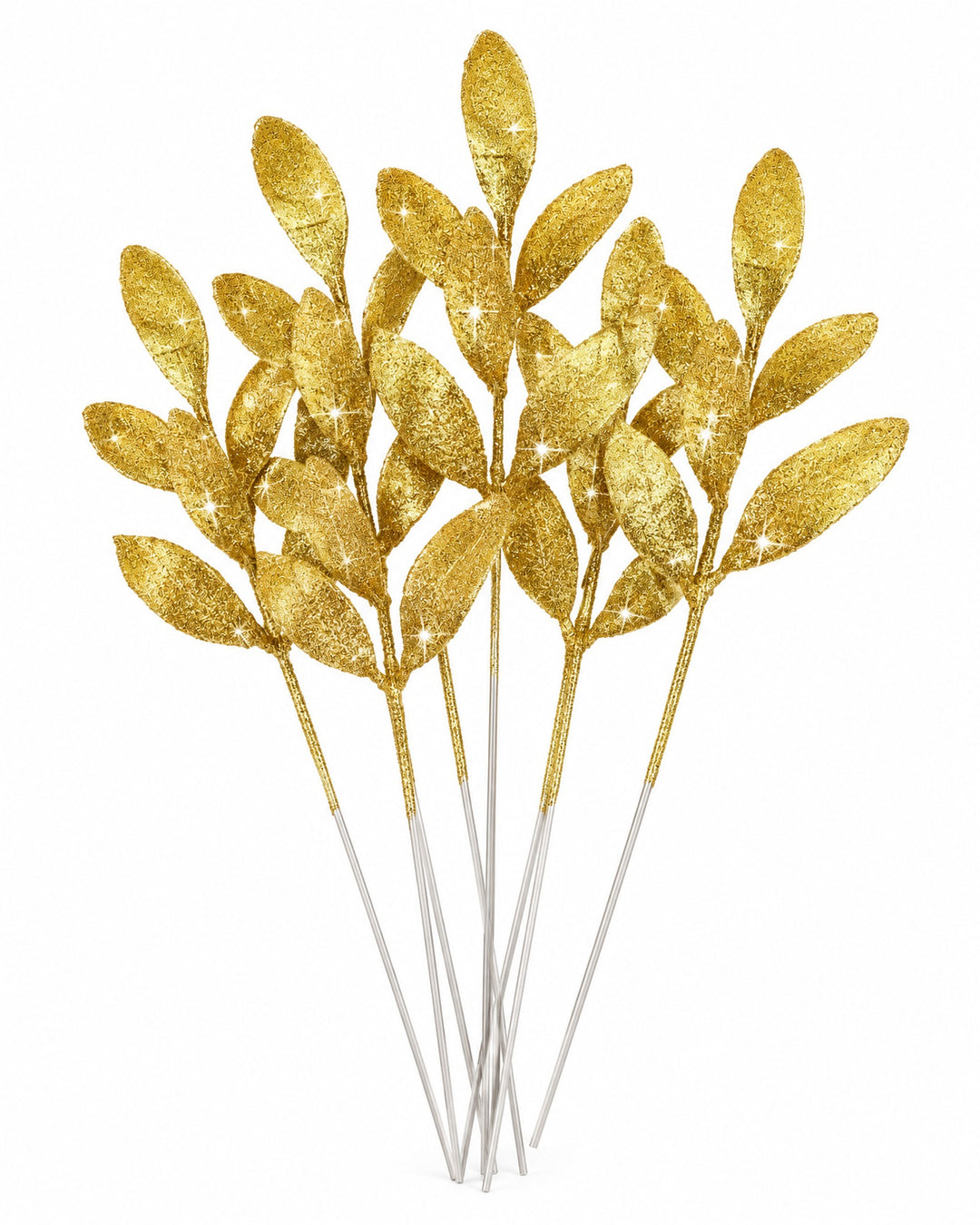 Bunch of gold glitter leaf picks on a white background